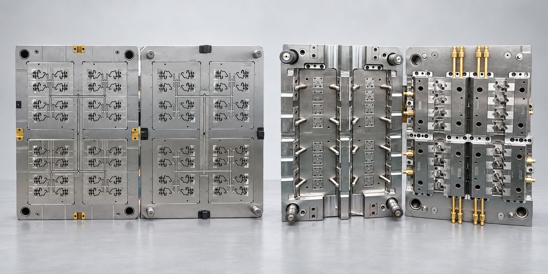 Two complete multi-cavity injection moulds presented as a mould family